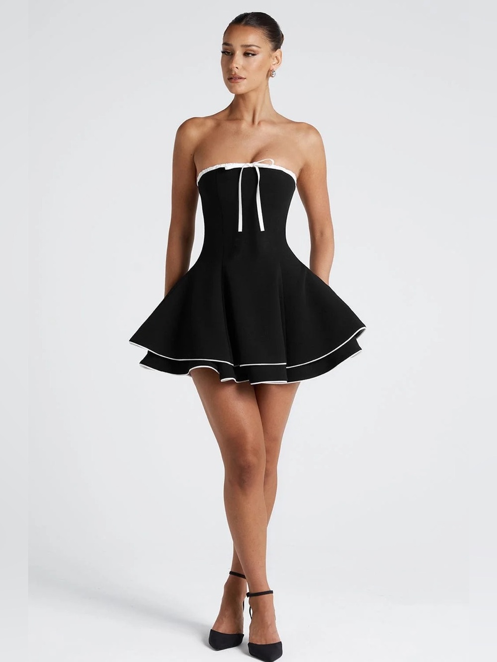 Strapless Black Fit-and-Flare Mini Dress with White Trim